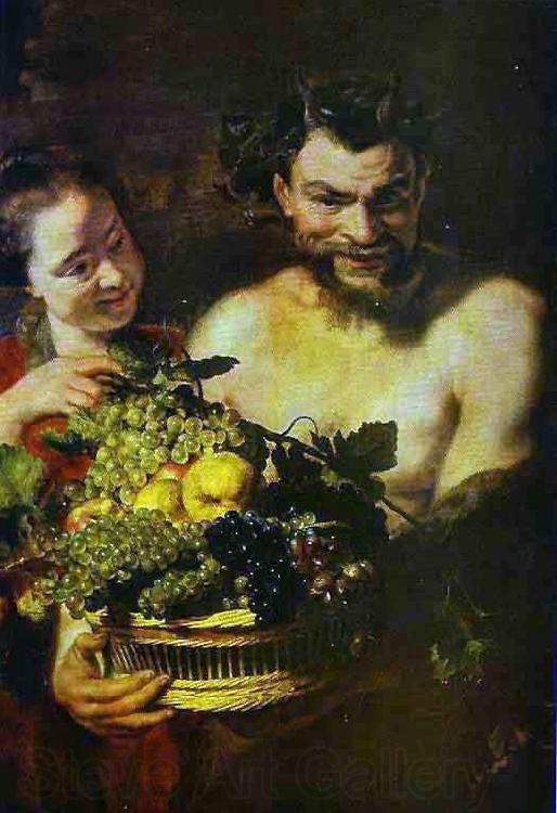 Jacob Jordaens Satyr and Girl with a Basket of Fruit Norge oil painting art
